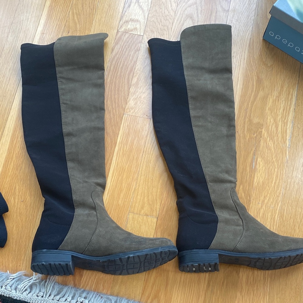 Born Two-Tone Over-the-Knee Suede Boots in Olive and Black